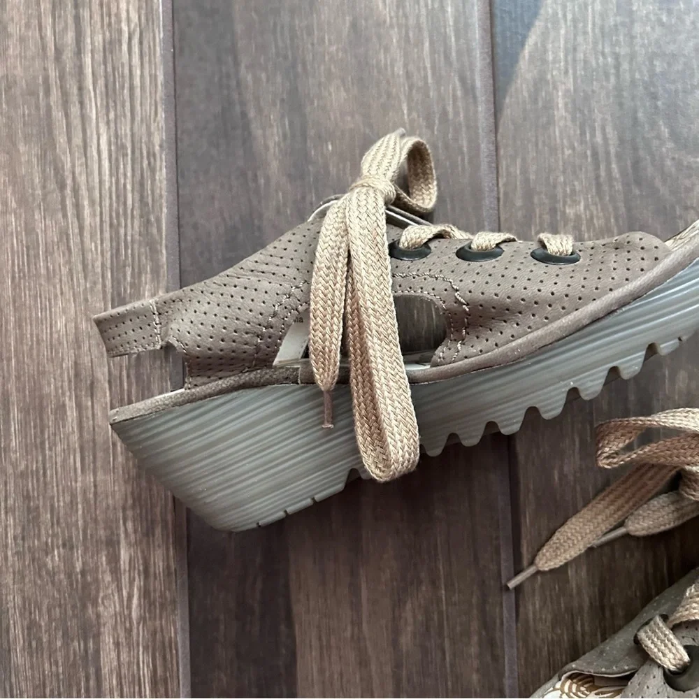 FLY London Luna Perforated Suede Lace-Up Wedge Sandals Sz 8/8.5